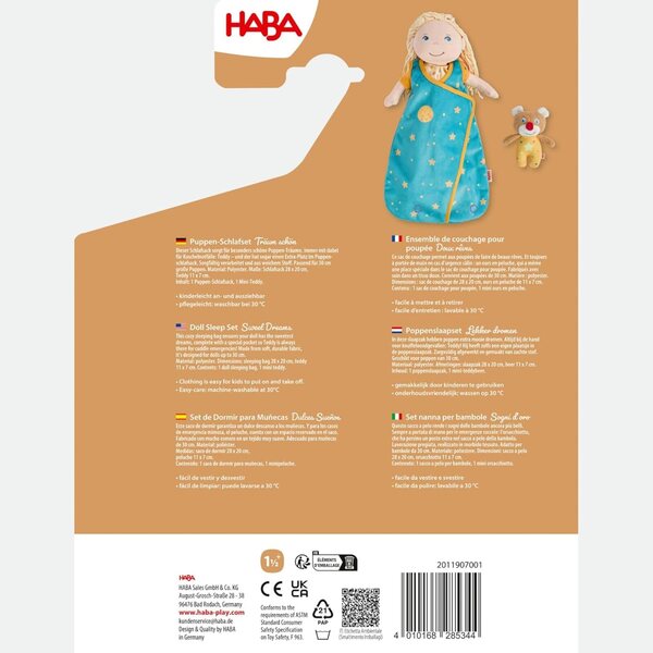 Schlafsack-Set für Puppe mit Mini-Plüschbär – waschbar bei 30 °C, für Kinder ab 18 Monaten