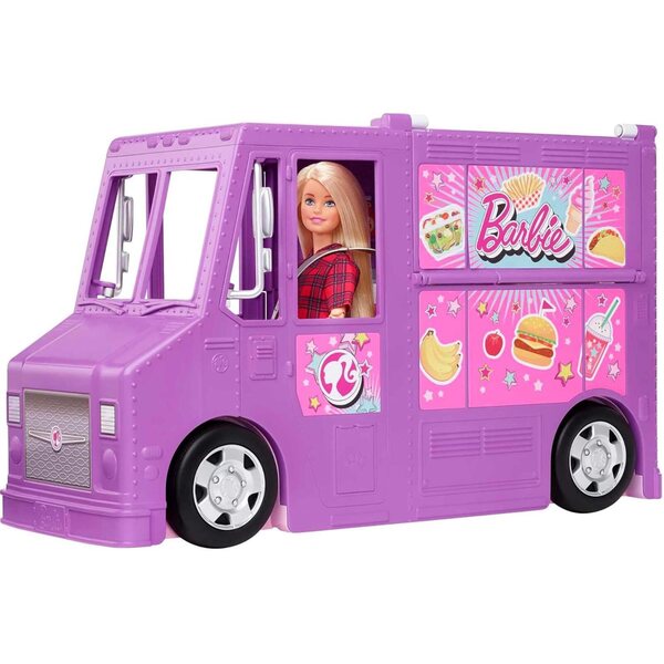 Verwandelbarer lilafarbener Imbisswagen von Barbie mit über 30 Küchen- und Spielzubehörteilen