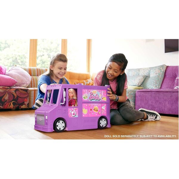 Verwandelbarer lilafarbener Imbisswagen von Barbie mit über 30 Küchen- und Spielzubehörteilen