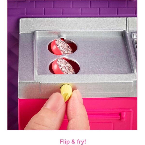 Verwandelbarer lilafarbener Imbisswagen von Barbie mit über 30 Küchen- und Spielzubehörteilen
