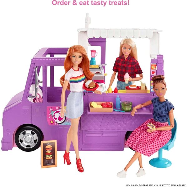 Verwandelbarer lilafarbener Imbisswagen von Barbie mit über 30 Küchen- und Spielzubehörteilen