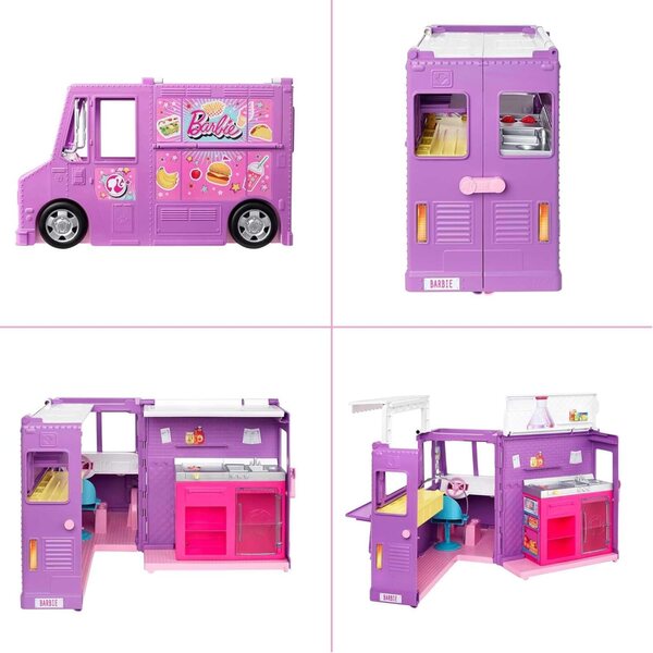 Verwandelbarer lilafarbener Imbisswagen von Barbie mit über 30 Küchen- und Spielzubehörteilen