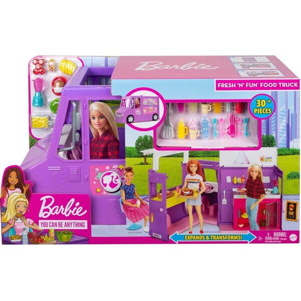 Verwandelbarer lilafarbener Imbisswagen von Barbie mit über 30 Küchen- und Spielzubehörteilen