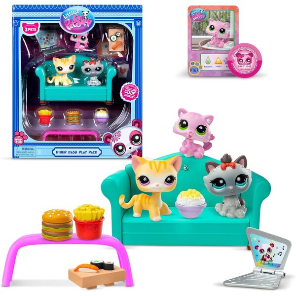 Littlest Pet Shop Diner Dash Play Pack: 3 Welpen mit 7 Zubehörteilen und Sammelkarte