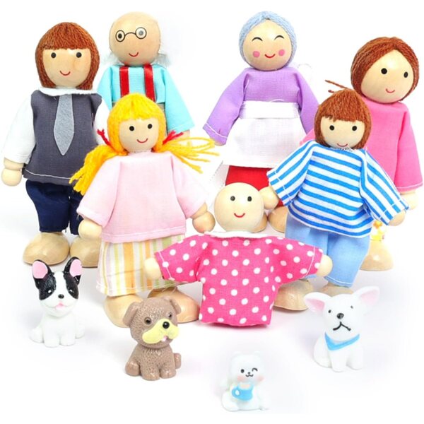 DUOCIYUAN 11-teiliges Holzpuppen-Familienset mit Tieren für das Puppenhaus