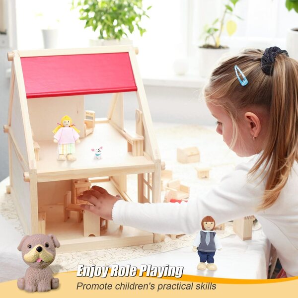 DUOCIYUAN 11-teiliges Holzpuppen-Familienset mit Tieren für das Puppenhaus