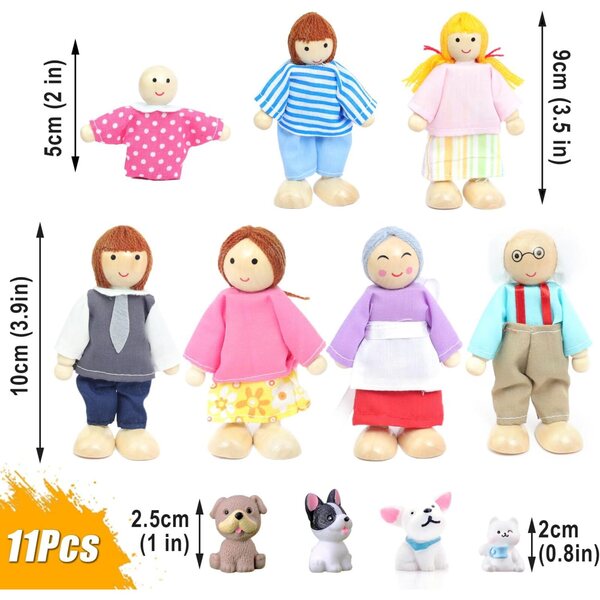 DUOCIYUAN 11-teiliges Holzpuppen-Familienset mit Tieren für das Puppenhaus
