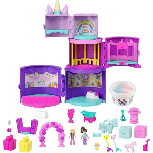 Polly Pocket Einhorn-Geburtstagstorte mit 3 Etagen, 25 Überraschungen und 2 Minifiguren