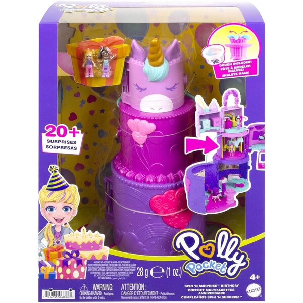 Polly Pocket Einhorn-Geburtstagstorte mit 3 Etagen, 25 Überraschungen und 2 Minifiguren