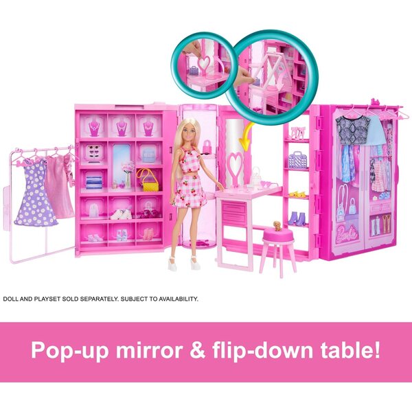 Barbie Dream Closet: Armadio Giochi 0,9m con 25+ pezzi, 4 Look Completi e Accessori
