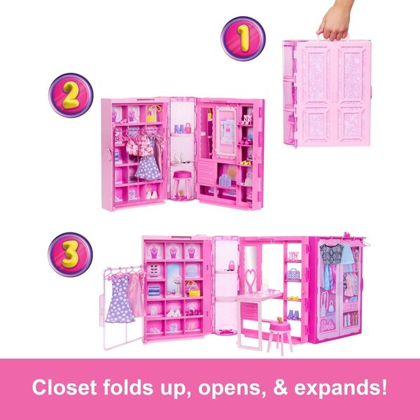 Barbie Dream Closet: Armadio Giochi 0,9m con 25+ pezzi, 4 Look Completi e Accessori