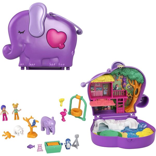 Polly Pocket Elephant Zoo Box mit Figur, 5 Überraschungen und 13 Accessoires