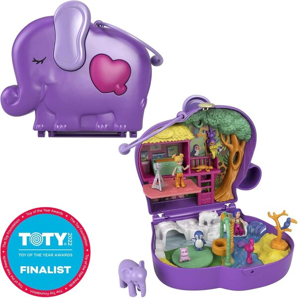 Polly Pocket Elefante Zoo Box con statuetta, 5 sorprese e 13 accessori