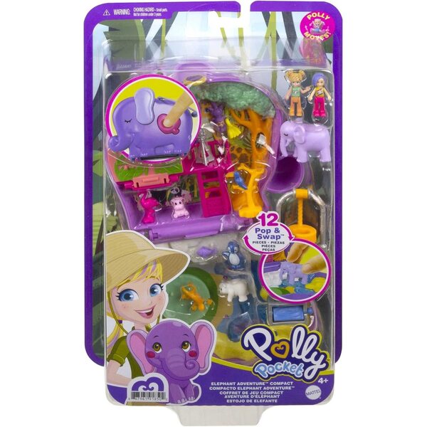 Polly Pocket Elefante Zoo Box con statuetta, 5 sorprese e 13 accessori