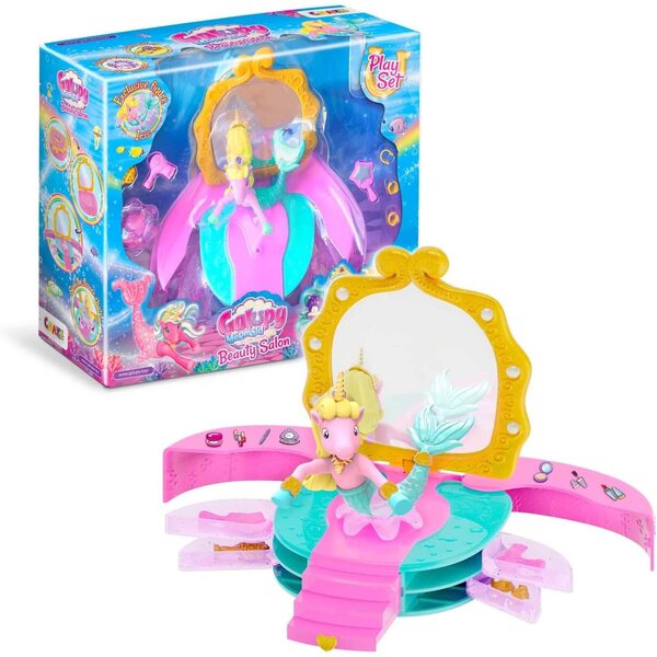 Galupy Mermaid Salon de beauté mit Licorne-Meerjungfrau-Figur und einzigartigen Accessoires