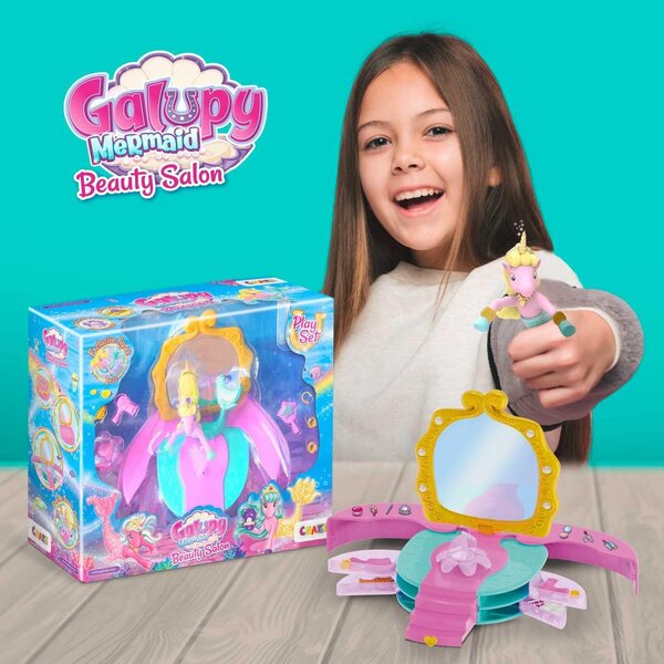 Galupy Mermaid Salon de beauté mit Licorne-Meerjungfrau-Figur und einzigartigen Accessoires