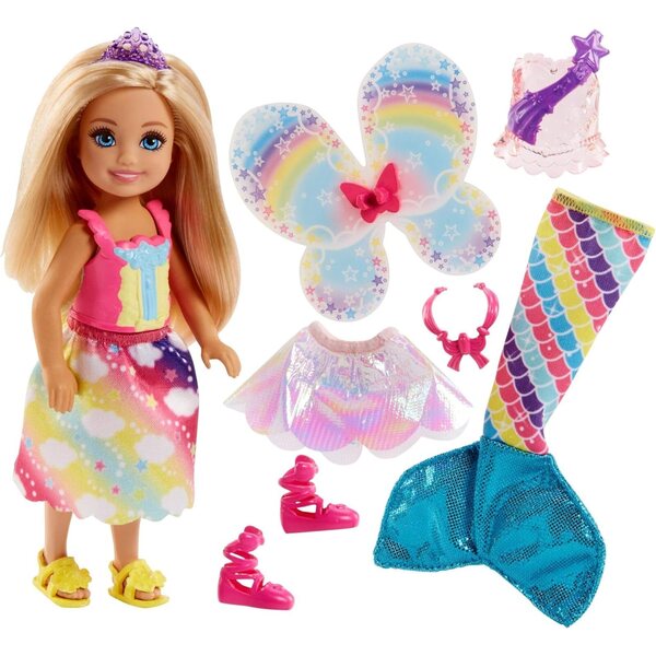 Barbie Chelsea Dreamtopia mit 3 Märchenkostümen: Meerjungfrau, Fee und Prinzessin