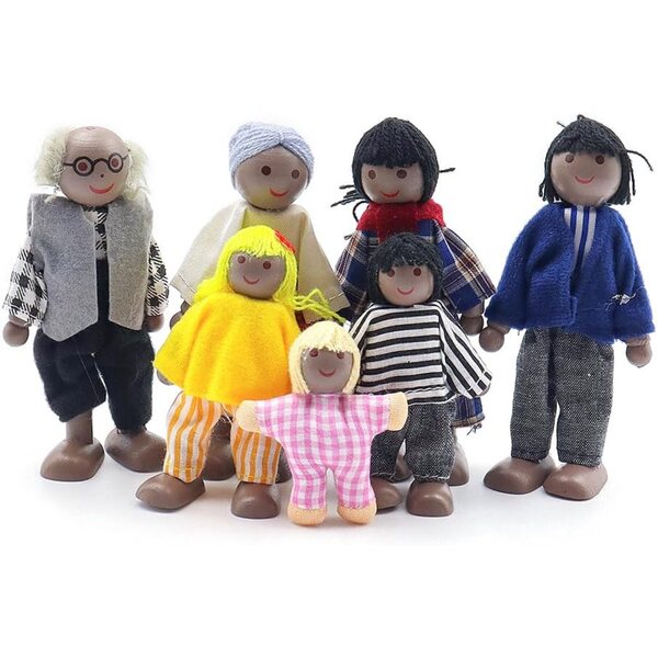 Sarini Family Set 7 Personen aus Holz für Puppenhaus, kreatives Spiel für Kinder
