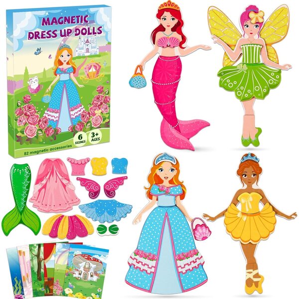 Magnetisches Ballerina-Meerjungfrau-Puppenset, 82-teilig, Reisespiel für Kinder von 3–7 Jahren