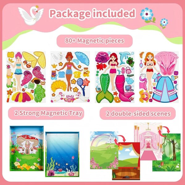 Magnetisches Ballerina-Meerjungfrau-Puppenset, 82-teilig, Reisespiel für Kinder von 3–7 Jahren