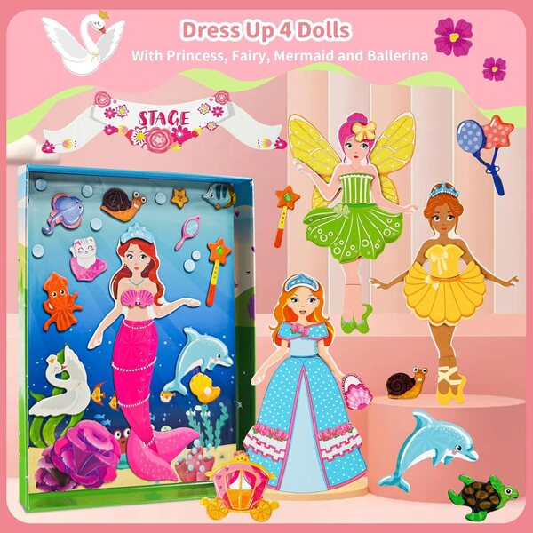 Magnetisches Ballerina-Meerjungfrau-Puppenset, 82-teilig, Reisespiel für Kinder von 3–7 Jahren
