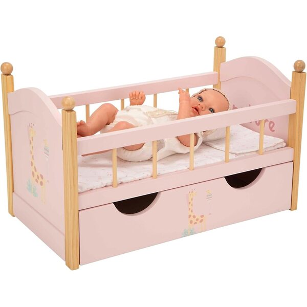 Arias Letto in Legno per Bambole con Cassetto, Cuscino e Copriletto - 52,5x29,5x32 cm