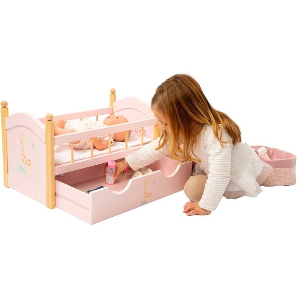 Arias Letto in Legno per Bambole con Cassetto, Cuscino e Copriletto - 52,5x29,5x32 cm
