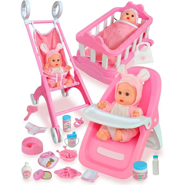 31-teiliges Babypuppen-Spielset mit Kinderwagen, Wiege, Hochstuhl und Zubehör für Mädchen