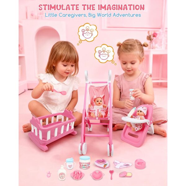 31-teiliges Babypuppen-Spielset mit Kinderwagen, Wiege, Hochstuhl und Zubehör für Mädchen