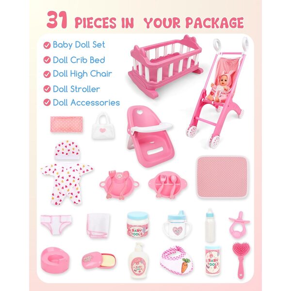 31-teiliges Babypuppen-Spielset mit Kinderwagen, Wiege, Hochstuhl und Zubehör für Mädchen