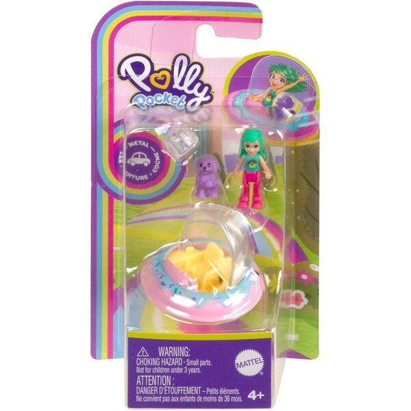 Polly Pocket Mini-Metallfahrzeug mit Figur, Tier und Weltraumhelm