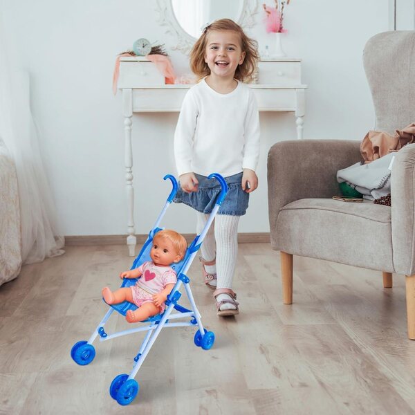 Zusammenklappbarer Puppenwagen aus Kunststoff und Stoff – Rollenspiel für Kinder ab 3 Jahren
