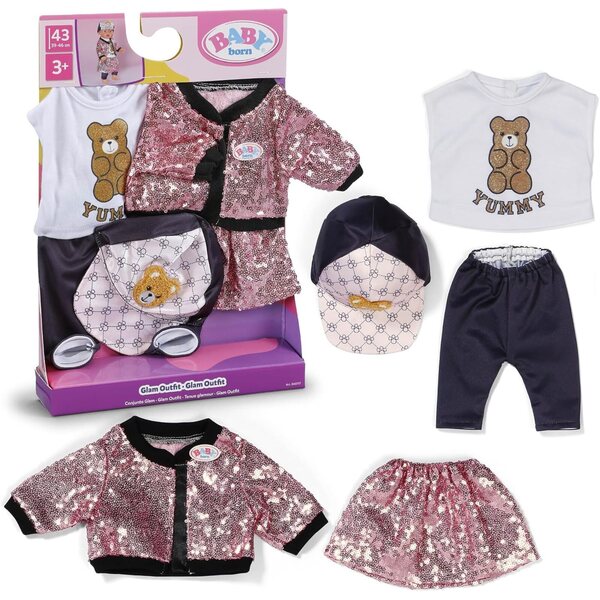 BABY born Glam Outfit mit rosa Paillettenrock, Jacke, Bären-T-Shirt, Mütze und Leggings 43 cm