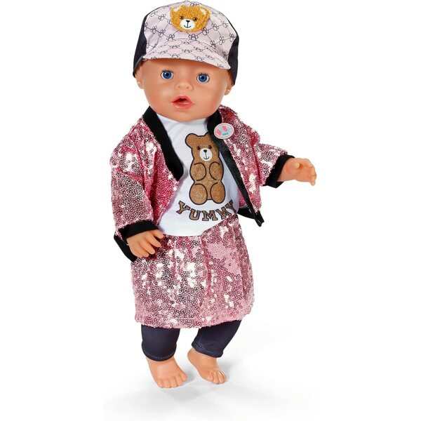 BABY born Glam Outfit mit rosa Paillettenrock, Jacke, Bären-T-Shirt, Mütze und Leggings 43 cm