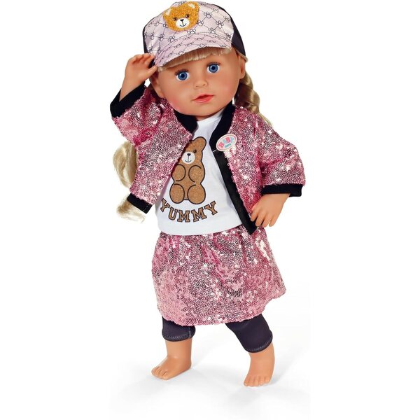 BABY born Glam Outfit mit rosa Paillettenrock, Jacke, Bären-T-Shirt, Mütze und Leggings 43 cm