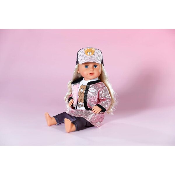BABY born Glam Outfit mit rosa Paillettenrock, Jacke, Bären-T-Shirt, Mütze und Leggings 43 cm