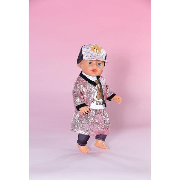 BABY born Glam Outfit mit rosa Paillettenrock, Jacke, Bären-T-Shirt, Mütze und Leggings 43 cm