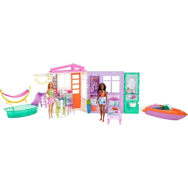 Barbie Casa Estiva con 2 Bambole Fashionistas, Piscina, Barca & Accessori Gioco