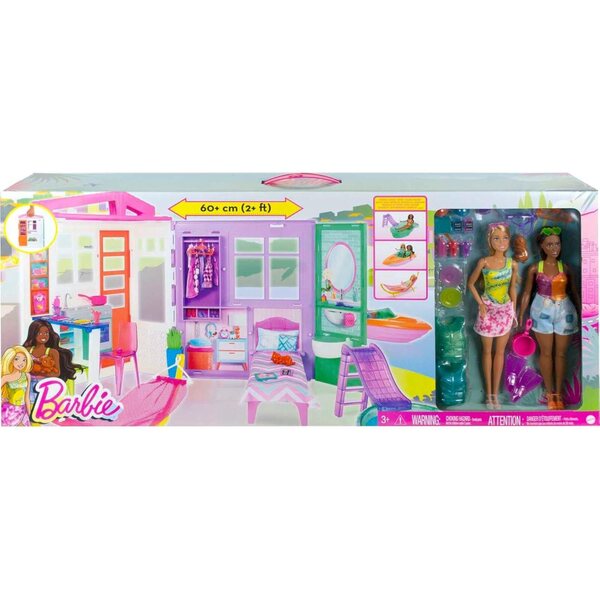 Barbie Casa Estiva con 2 Bambole Fashionistas, Piscina, Barca & Accessori Gioco