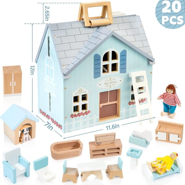 Zusammenklappbares Puppenhaus aus Holz mit 17 Möbeln, 2 Puppen und Tieren, Lernspielzeug