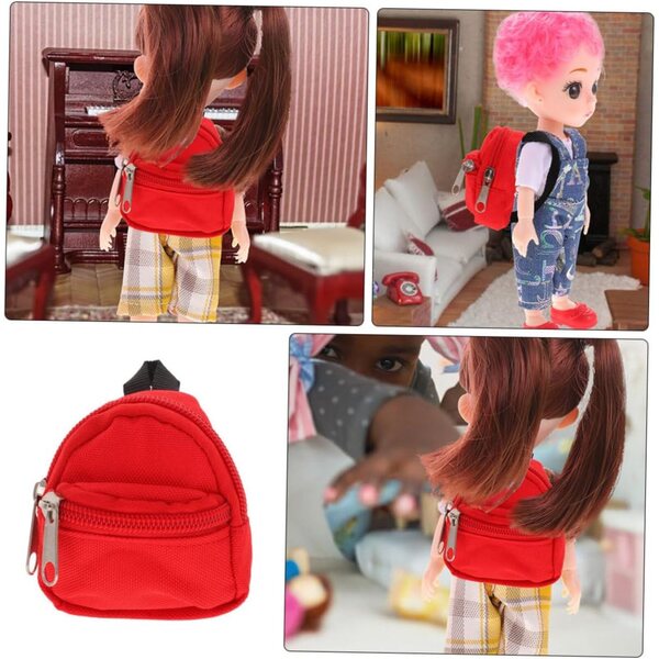 Mini zaini rossi per bambole, set 2 pezzi, accessori scuola e viaggio compatti e pratici