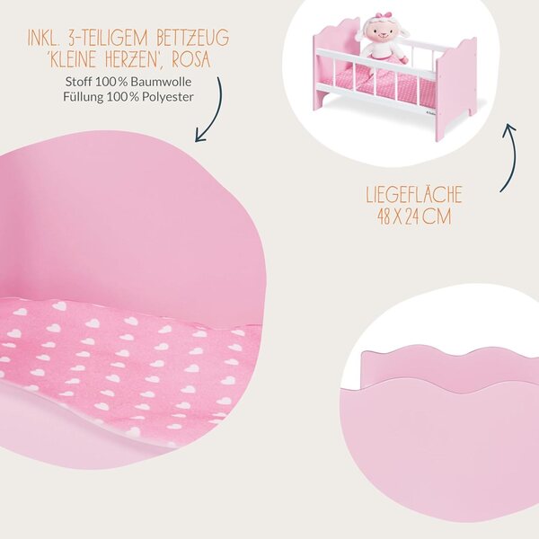 Jasmin PINOLINO Puppenbett mit rosa Bettwäsche, MDF-Holz 50x29x29 cm