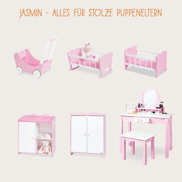 Jasmin PINOLINO Puppenbett mit rosa Bettwäsche, MDF-Holz 50x29x29 cm