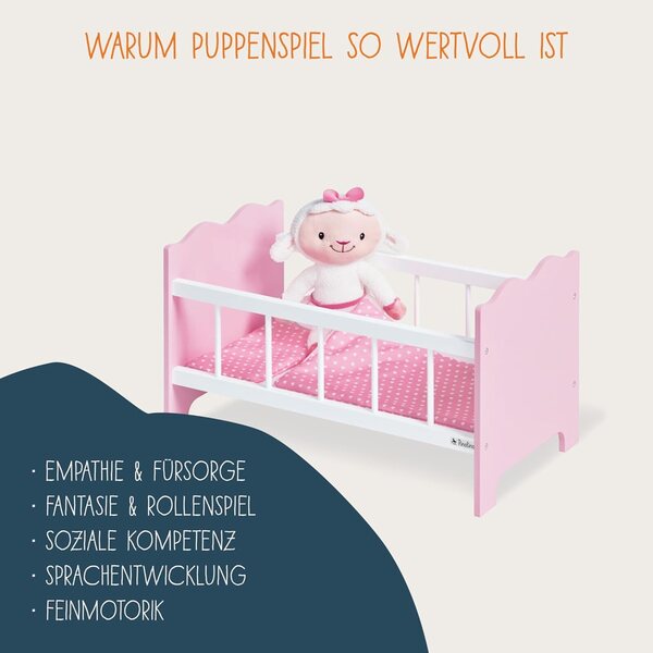 Jasmin PINOLINO Puppenbett mit rosa Bettwäsche, MDF-Holz 50x29x29 cm