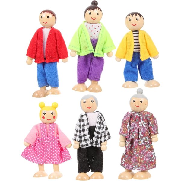 Set mit 6 beweglichen Holzfiguren für Puppenhäuser, Rollenspiel für Kinder