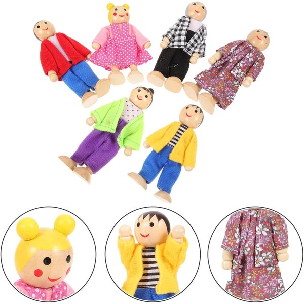 Set mit 6 beweglichen Holzfiguren für Puppenhäuser, Rollenspiel für Kinder