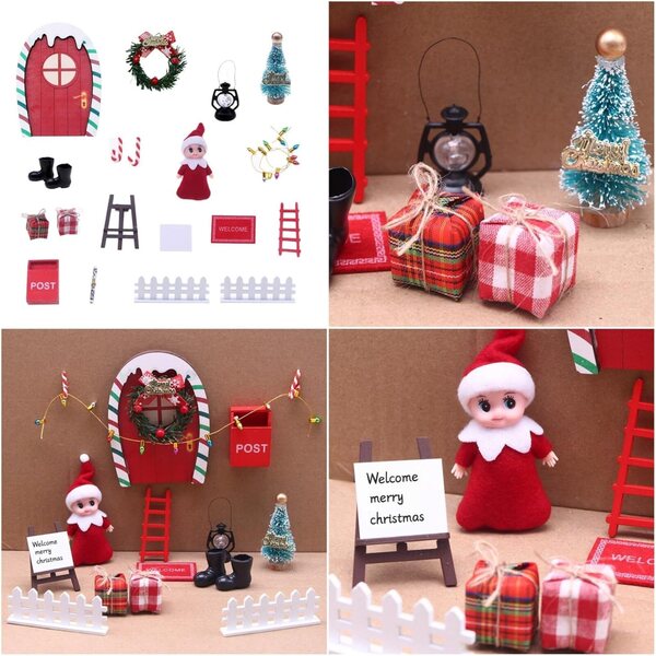 Set Scenografico Natalizio per Case delle Bambole in Legno e Plastica Rosso e Verde
