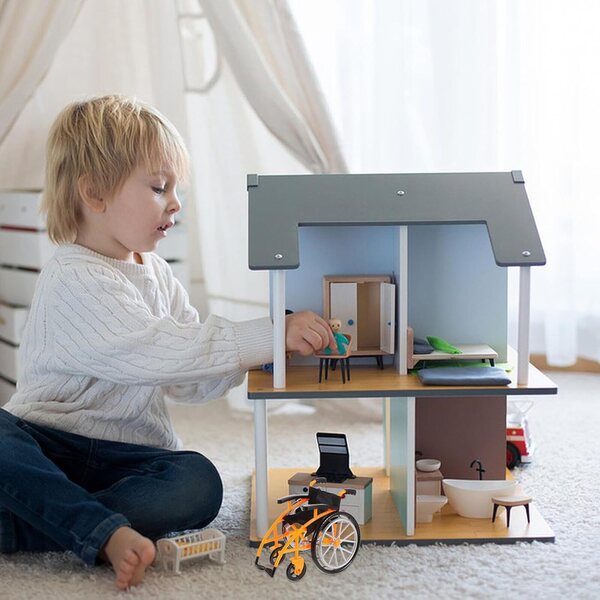 Zusammenklappbarer orangefarbener Kunststoff-Kinderwagen und Krücken für Puppen, Lernspiel