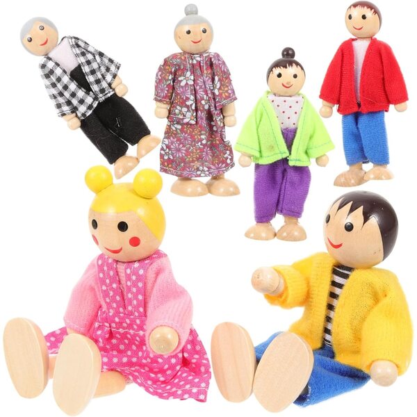 Set mit 6 beweglichen Familien-Holzpuppen – pädagogisches Rollenspiel für Kinder