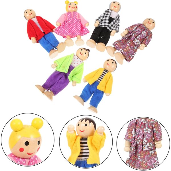 Set mit 6 beweglichen Familien-Holzpuppen – pädagogisches Rollenspiel für Kinder